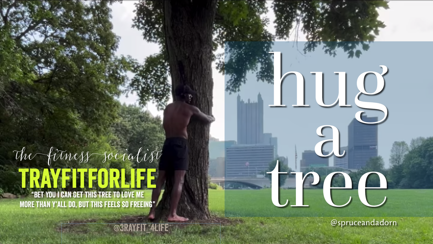 Trayfirforlife overlooks the city skyline of Pittsburgh, Pa. — hometown of spruce & adorn™ positive affirmation apparel —while grounding his energy to nature hugging a tree. "Bet you I can get the tree to love me more than ya'll" he banters. <3 @3rayfit_4life